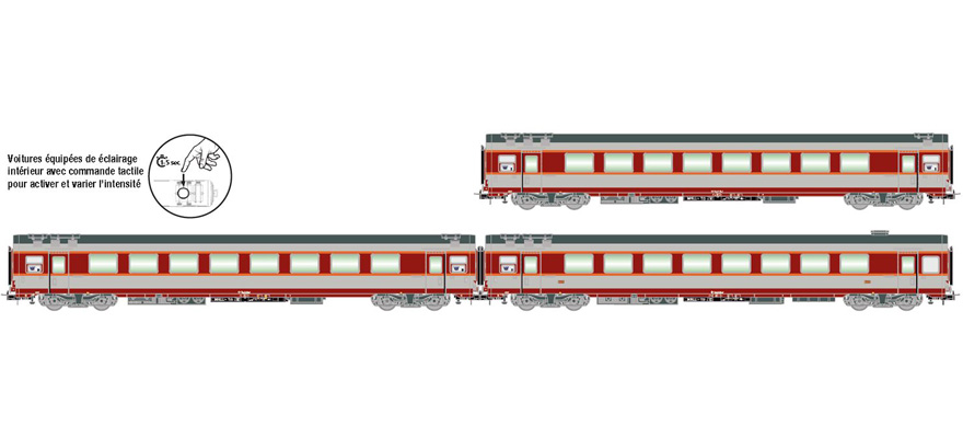 Jouef H0  SNCF, Coffret de 3 voitures Grand Confort pour trains voyageurs TEE LeCapitole, avec 1x A8u, 1x A8tu et 1x A3rtu 