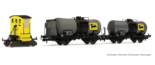[RIVAROSSI HR2877  ] RIVAROSSI HR2877  1/87   AGIP, locomotive de manœuvre, jaune, ABL Sogliola avec 2x wagons-citernes à 2 essieux, Agip 