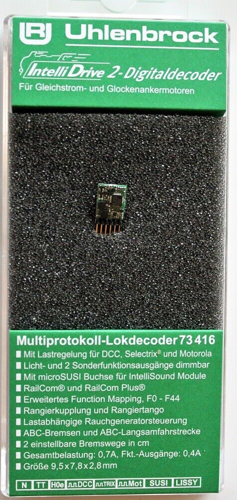 Uhlenbrock 73416
Mini décodeur Intelly Drive 2 à fiche NEM 651directe 9,5 x 7,8 x 2,8 (dimensions sans broches de connecteur)