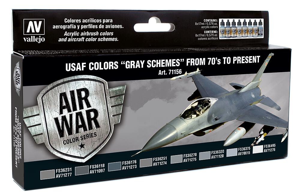VALLEJO 71156  Set de peinture, schémas gris USAF à partir de 1970, 8 x 17 ml 