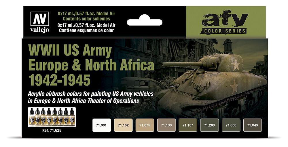 VALLEJO 71625  Set de couleurs, WWII US Army Europe &amp; Afrique du Nord, 1942 - 1945 