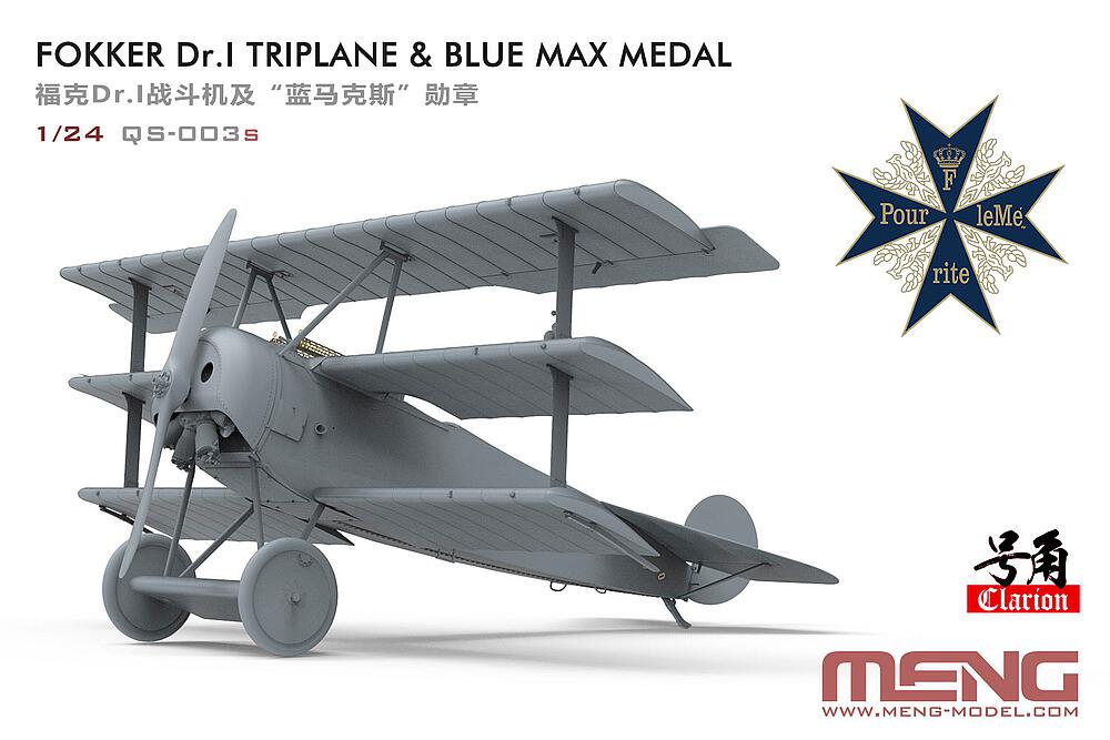 MENG MODEL QS-003s  1/24 Fokker Dr. I &amp; Médaille Blue Max, édition limitée 