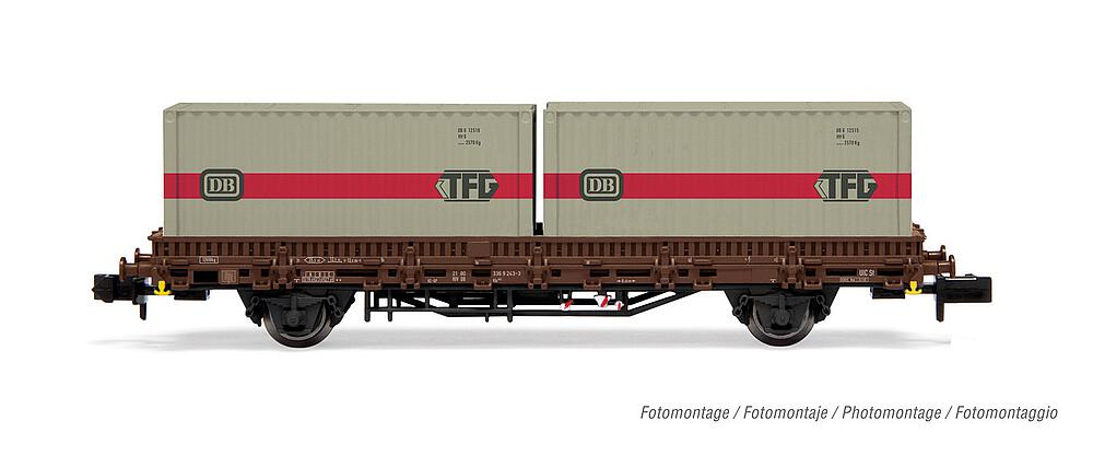 [ARNOLD HN6566  ] ARNOLD HN6566  1/160   DB, wagon à 2 essieux. Wagon plat Kls, brun, chargé de 2 x20 conteneurs DB 