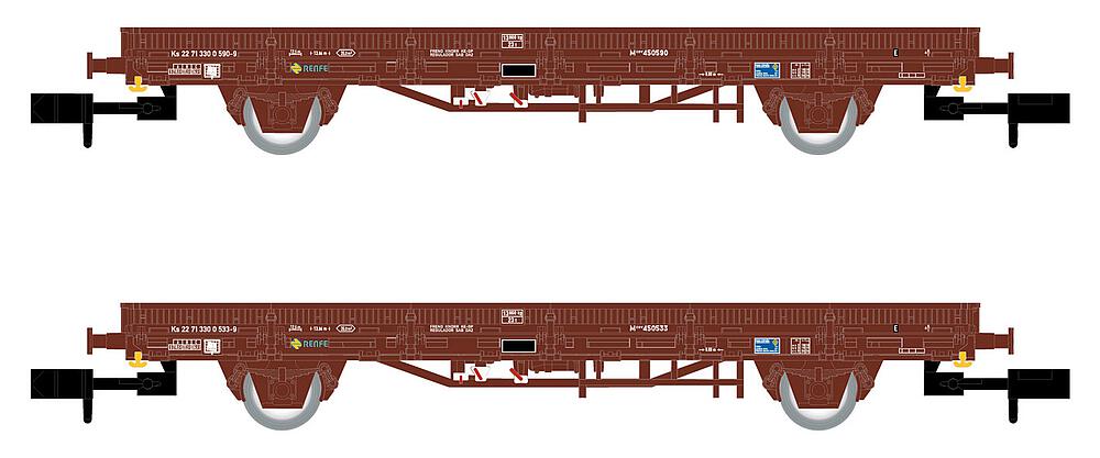 [ARNOLD HN6581  ] ARNOLD HN6581  1/160   RENFE, set de 2 pièces, 2 essieux. Wagon plat Ks, brun, chargé de sacs de tabac Tabacalera 