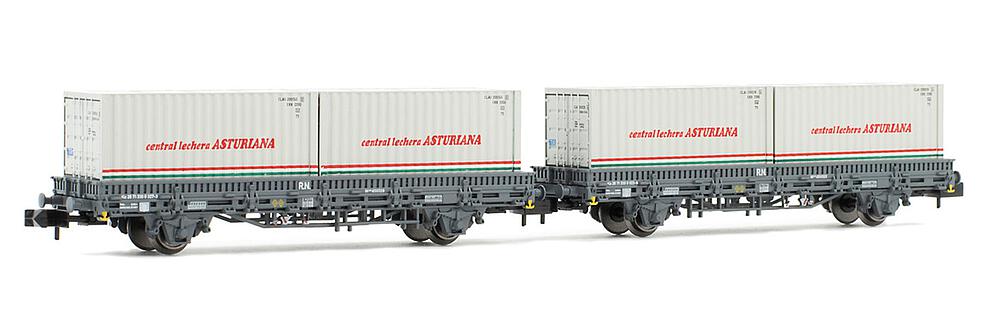 [ARNOLD HN6421  ] ARNOLD HN6421  1/160   RENFE, set de 2 wagons plats, gris, avec 2 conteneurs Central Lechera Asturiana 