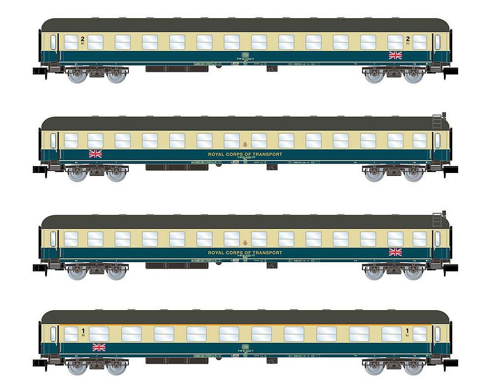 ARNOLD HN4297  1/160   RCT, coffret de 4 voitures de voyageurs, The Berliner, bleu océan/beige, British Army of the Rhine 