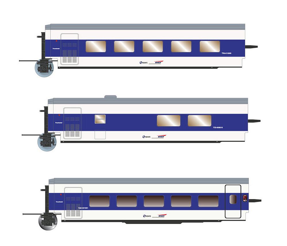 ARNOLD HN4356  1/160   SNCF/RENFE, coffret complémentaire de 3 pièces, Talgo, Francisco de Goya (Paris-Madrid), bleu/blanc 