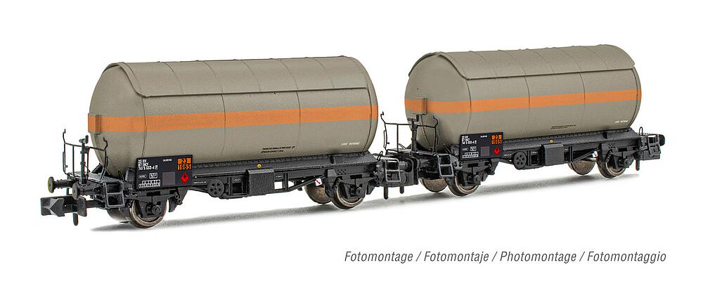 ARNOLD HN6525  1/160   SNCF, Coffret de 2 wagons à 2 essieux. Wagon-citerne de gaz, gris avec bandes oranges 