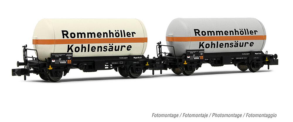 ARNOLD HN6604  1/160   DB, Coffret de 2 wagons à 2 essieux. Wagon-citerne de gaz, Rommenhäller Kohlensäure 