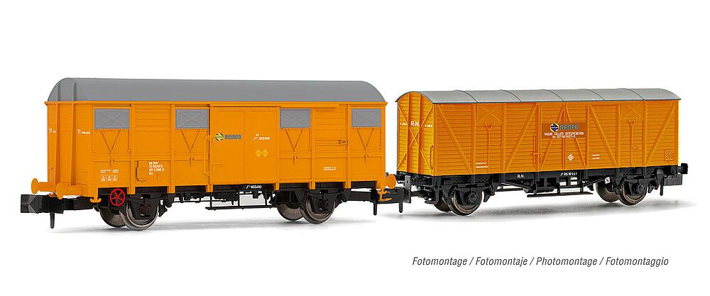 [ARNOLD HN6555  ] ARNOLD HN6555  1/160   RENFE, set de 2 pièces, 2 essieux. Wagons de marchandises couverts J-300.000 et J2, orange 