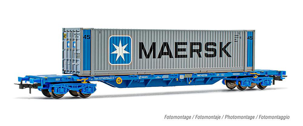 ELECTROTREN HE6044  1/87   RENFE, wagon à 4 essieux. Wagon porte-conteneurs MMC3, avec 45 conteneurs Maersk 