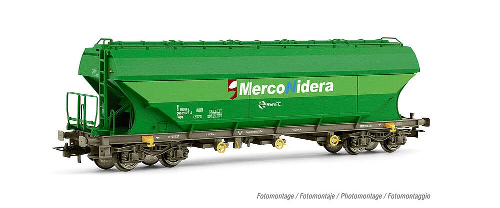ELECTROTREN HE6047  1/87   RENFE, 4 essieux. Wagon à toit pivotant avec parois de silo plates TT5 pour le transport de céréales, Vert, Merconidera 