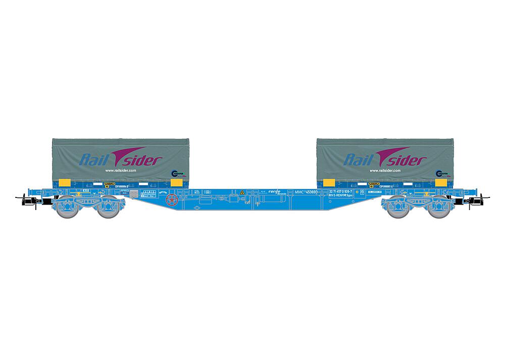 ELECTROTREN HE6063   H0  RENFE, wagon à 4 essieux. Wagon porte-conteneurs MMC3 en peinture bleue 