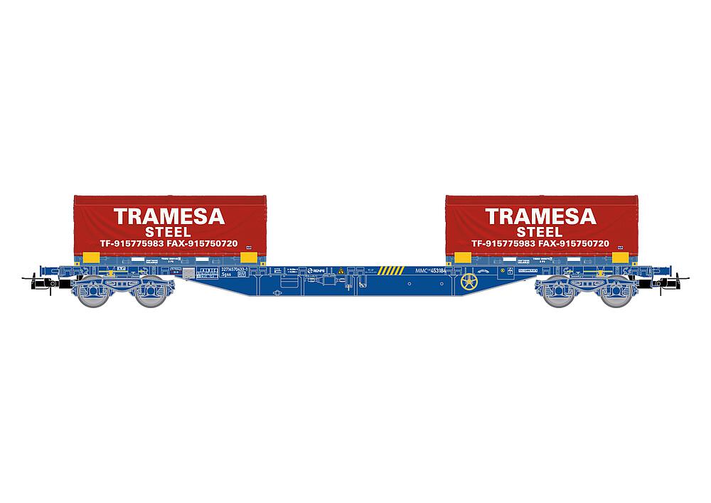 ELECTROTREN HE6064   H0  RENFE, wagon à 4 essieux. Wagon porte-conteneurs MMC3 en peinture bleue 