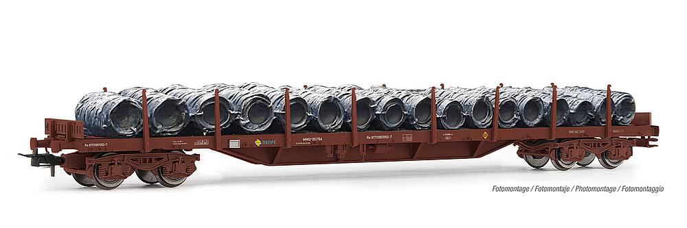 ELECTROTREN HE6033  1/87   RENFE, wagon à 2 essieux. Wagon plat avec ranchers MMQ, chargé de bobines de fil métallique 