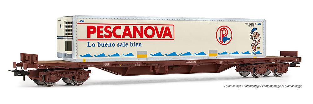 ELECTROTREN HE6034  1/87   RENFE, wagon à 2 essieux. Wagon plat avec ranchers MMQ, chargé du réservoir de liquide de refroidissement Pescanova 