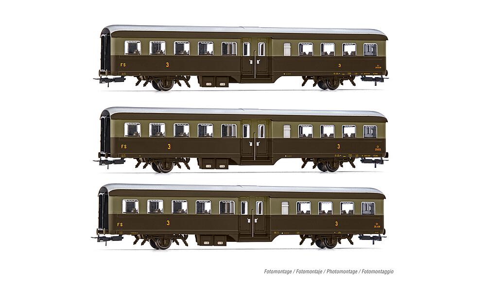 RIVAROSSI HR4369   H0  FS, coffret de 3 voitures à 2 essieux. Voiture voyageurs 3e classe Corbellini 1947 