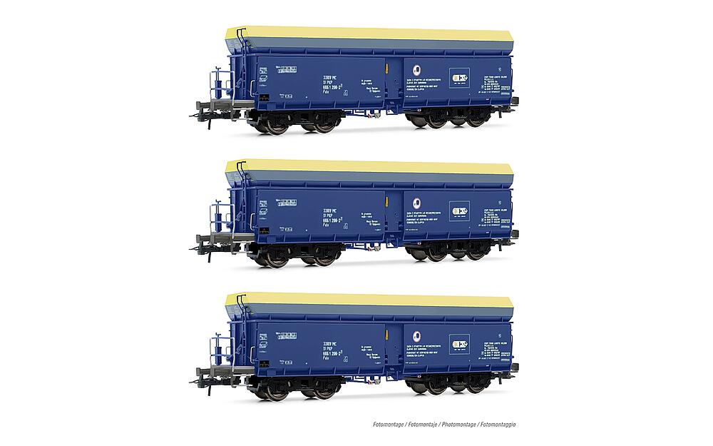 RIVAROSSI HR6589   H0  PKP Cargo, Coffret de 3 wagons à 4 essieux. Wagon à déchargement automatique 