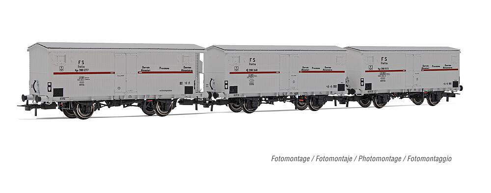 RIVAROSSI HR6605   H0  FS, set de 3 pièces, 2 essieux. Wagon frigorifique Hgb (2 x sans guérite de frein, 1 x avec) 