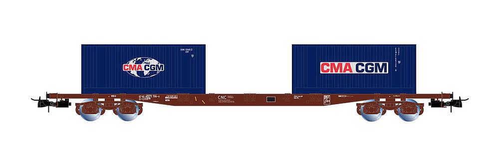 RIVAROSSI HR6502  1/87   ERR, wagon à 4 essieux. Wagon plat Sg, en livrée brune, avec 2 x 20 conteneurs CMA CGM 