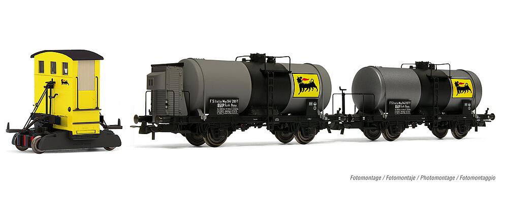 RIVAROSSI HR2877  1/87   AGIP, locomotive de manœuvre, jaune, ABL Sogliola avec 2x wagons-citernes à 2 essieux, Agip 
