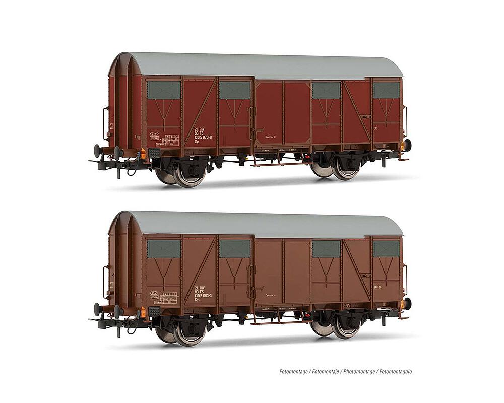 RIVAROSSI HR6505  1/87   FS, coffret de 2 wagons de marchandises couverts Gs avec parois en plaques, brun 