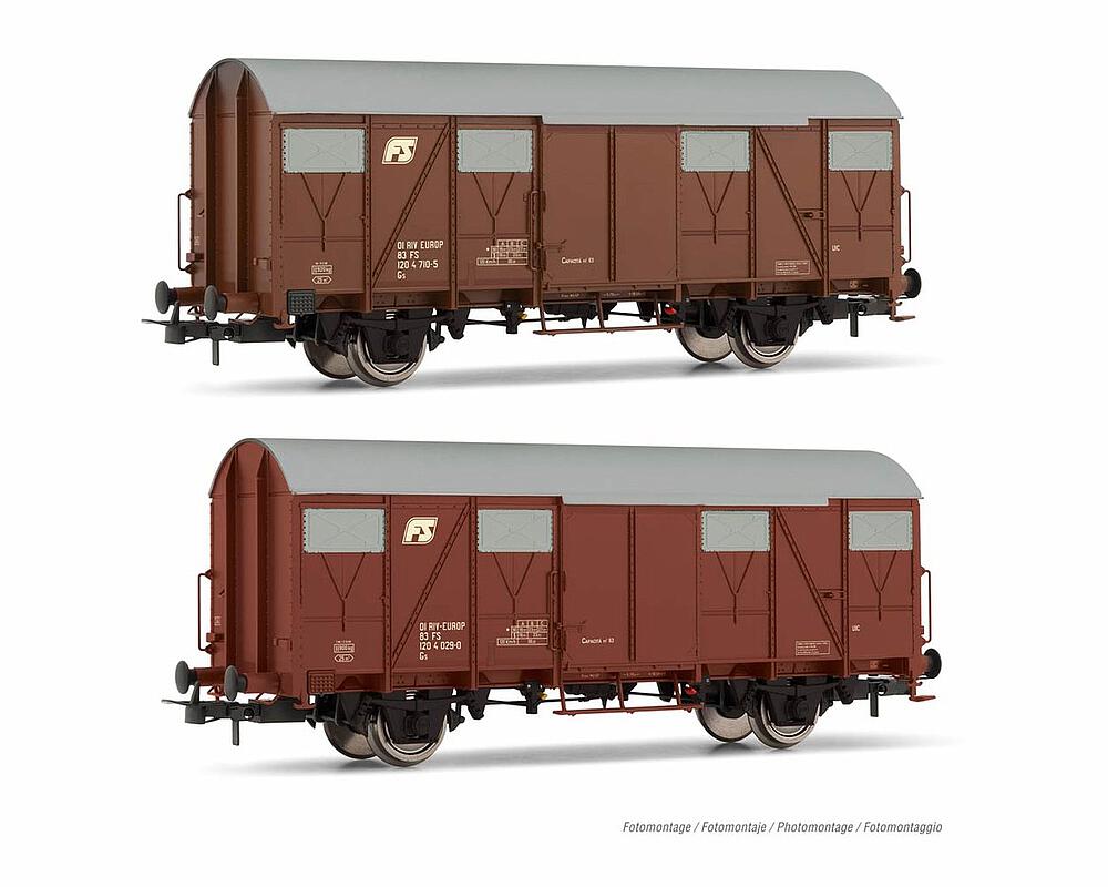 RIVAROSSI HR6506  1/87   FS, Coffret de 2 wagons de marchandises couverts Gs avec parois en plaques, brun, FS a losanga 