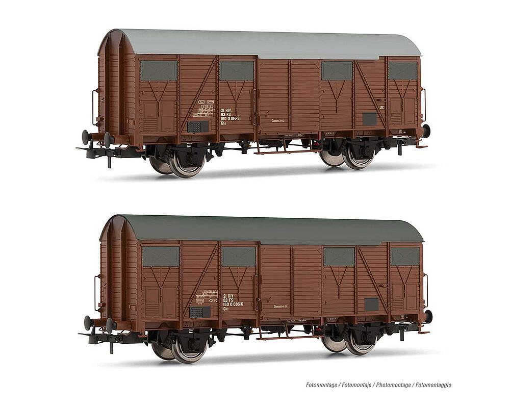 RIVAROSSI HR6507  1/87   FS, coffret de 2 wagons de marchandises couverts Ghs avec trappes d'aération ouvertes, brun 