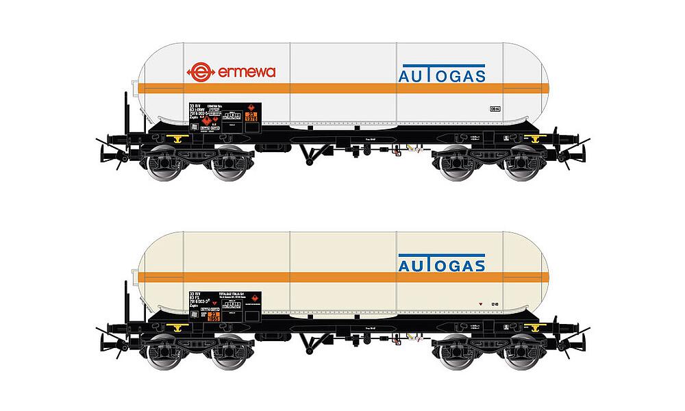 RIVAROSSI HR6511  1/87   FS, set de 2 pièces, 4 essieux. Wagon-citerne de gaz Zagkks, ermewa Autogas+Autogas, avec bandes oranges 