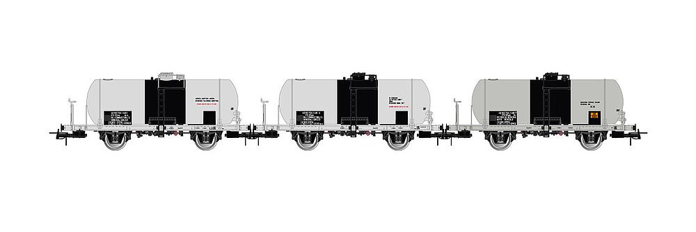 [RIVAROSSI HR6517  ] RIVAROSSI HR6517  1/87   FS, Coffret de 3 pièces, 2 essieux. Wagon-citerne VZekk, citerne de 27 m3, argenté avec bandes noires 