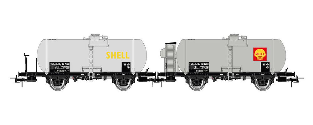 RIVAROSSI HR6518  1/87   FS, set de 2 pièces, 2 essieux. Wagon-citerne Mop, citerne de 27 m3, argenté, SHELL 