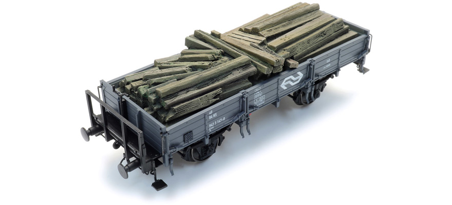Chargement : vieilles traverses de chemin de fer pour wagons de sable H0 1:87 Modèle fini en résine, peint Artitec 28.125  
