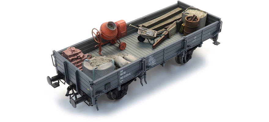 Chargement : matériaux de construction, entre autres, wagon de sable H0 1:87 Modèle fini en résine, peint Artitec 28.126  