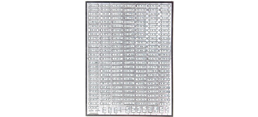 Plaques d'immatriculation allemandes jeu A, 1956-1994 H0 Kit de construction 1:87 en pièces gravées et décalcomanies Artitec 10.353  