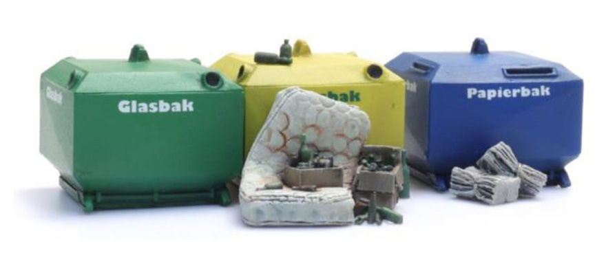 Verre usagé, conteneurs à papier usagé et déchets H0 1:87 Kit de construction en résine et pièces gravées, non peintes Artitec 10.391  