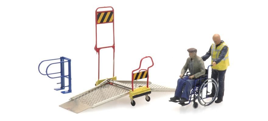Rampe pour fauteuil roulant Chemin de fer et 2 figurines H0 1:87 Modèle fini en résine, peint Artitec 387.447  