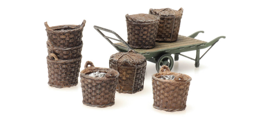 Chargement ferroviaire : paniers à poissons avec chariot H0 1:87 Modèle fini en résine, peint Artitec 387.449  