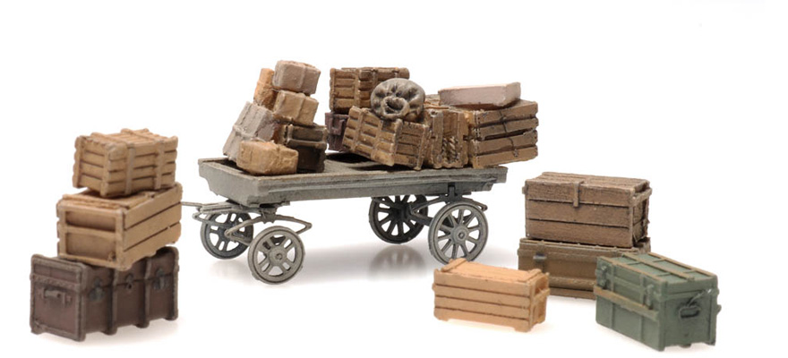 Chargement ferroviaire : marchandises diverses avec chariots H0 1:87 Modèle fini en résine, peint Artitec 387.451  