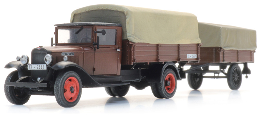 Opel Blitz 6 camion à plateau et remorque avec bâche H0 1:87 Modèle fini en résine, peint Artitec 387.628  
