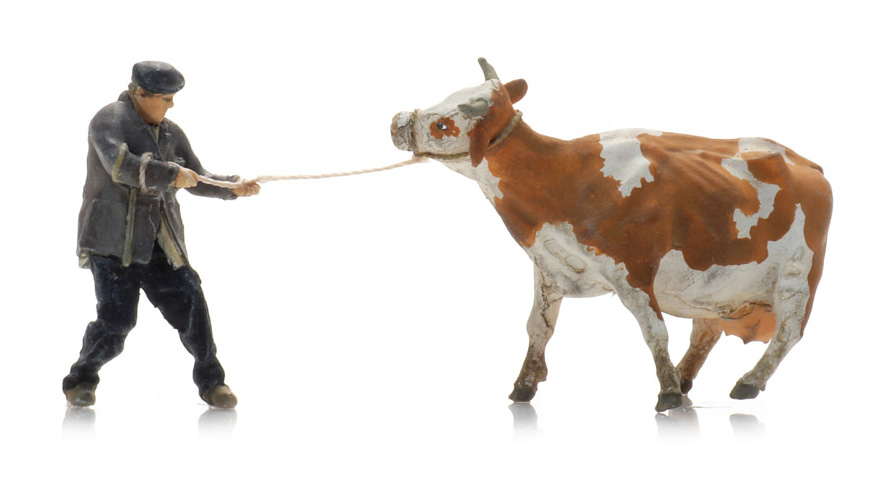 Paysan avec une vache têtue (1x) N 1:160 Modèle fini Figurines, peintes Artitec 5160023  