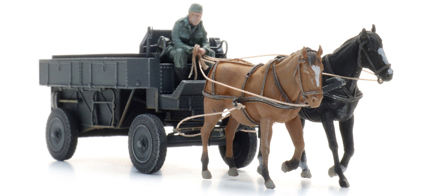 [Artitec 6870737  ] WM HF.7 Wagon de campagne en acier avec chevaux + figurine H0 1:87 Modèle fini en résine, peint Artitec 6870737  