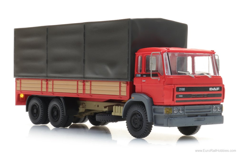 Artitec 487.053.05 DAF Kipp-Fahrerhaus Kab C, Tandemachse Pritschen-LKW mit Plane, rot ready 1:87