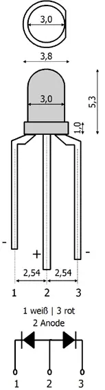 Duo-LED 3 mm, anode commune, diffus, blanc chaud-rouge, pack de 2 Tams Elektronik 81-39226-02 