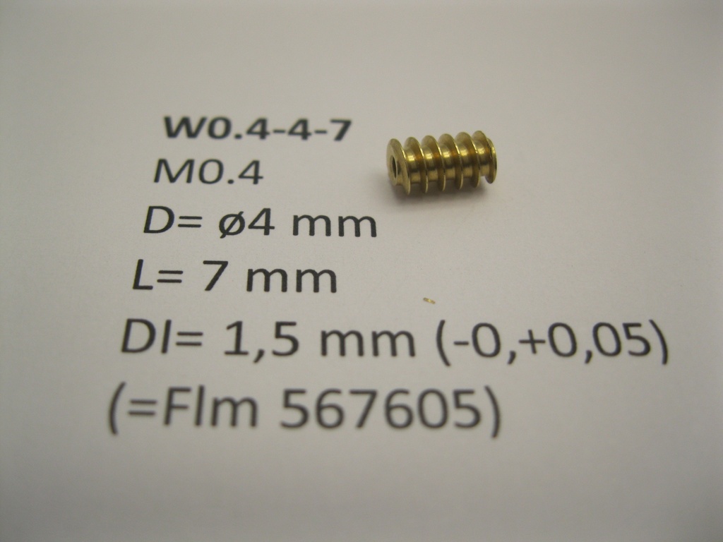 M0.4 D=ø4 L=7 DI=1.5 mm (=Flm 567605) Brass Micromotor W0.4-4-7    