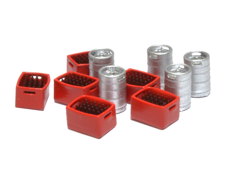 5 Fûts de bière et 6 boîtes rouges avec bouteilles brunes échelle H0 87TRAIN 22223