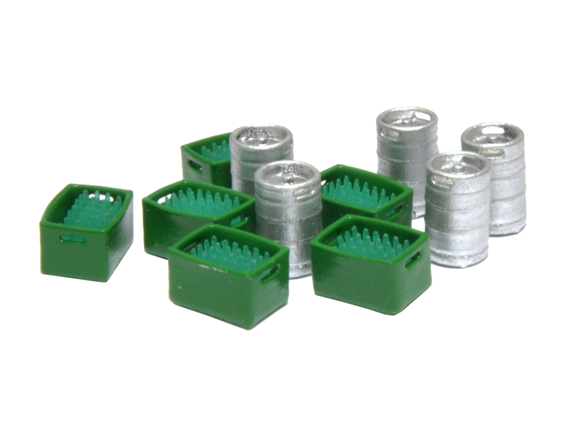 5 Fûts de bière et 6 boîtes vertes avec bouteilles vertes échelle H0 87TRAIN 22224