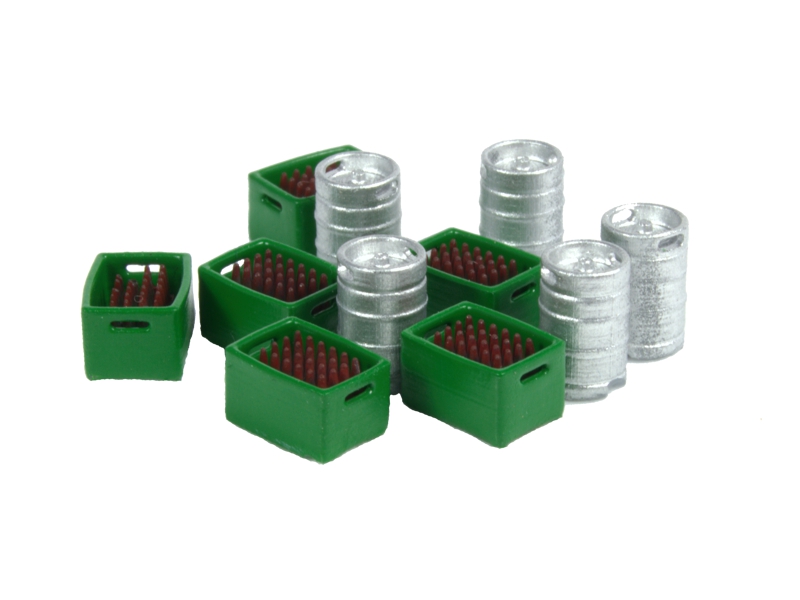 5 Fûts de bière et 6 boîtes vertes avec bouteilles brunes échelle H0 87TRAIN 22225