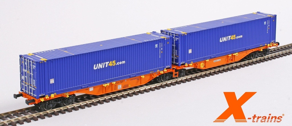 [X-Trains 2390020] Wagon Continental Rail Sggmrss 90′ / Wascosa 33 85 496 1 570-0 avec 2 x 45'HC UNIT45.COM RCDU2500760 + PVDU1027650 X-Trains 2390020