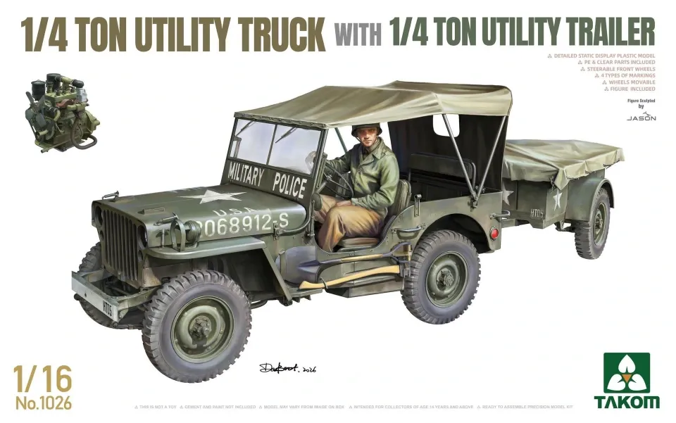 1/4 ton Utility Truck with 1/4 ton Utility trailer Nouvelle Jeep Willys Échelle 1/16  Takom 1026