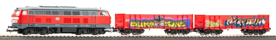 [Piko 57032] Coffret de démarrage « Kids » : train de marchandises BR 218 de la DB AG avec deux wagons ouverts Eaos  voie A avec ballast  Piko 57032